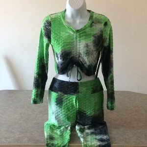 tie dye drawstring front top and leggings set